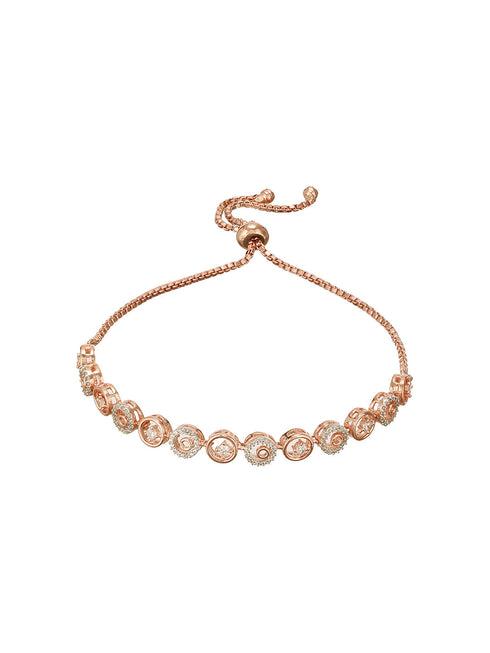 Rose Gold Toned Zircon Embellished Circular Link Adjustable Pull Chain Slider Bracelet