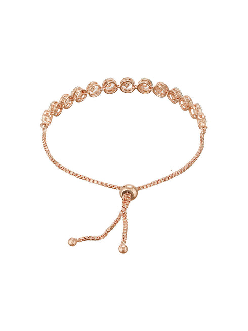 Rose Gold Toned Zircon Embellished Circular Link Adjustable Pull Chain Slider Bracelet