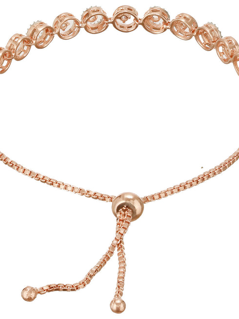Rose Gold Toned Zircon Embellished Circular Link Adjustable Pull Chain Slider Bracelet