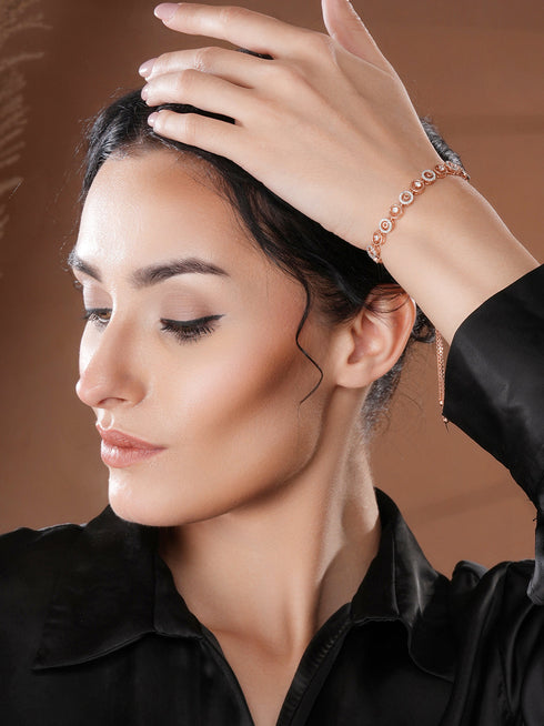 Rose Gold Toned Zircon Embellished Circular Link Adjustable Pull Chain Slider Bracelet