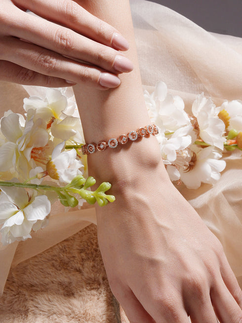 Rose Gold Toned Zircon Embellished Circular Link Adjustable Pull Chain Slider Bracelet