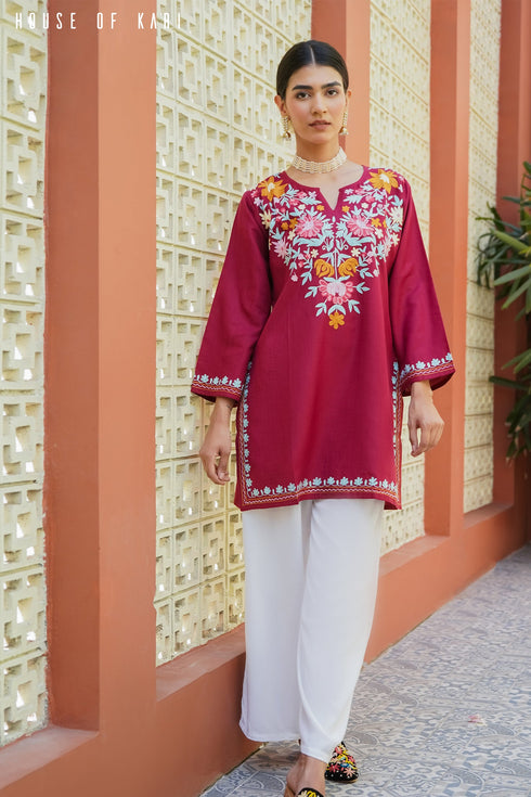 Kashmiri Aari Work Cotton Short Kurta – Maroon