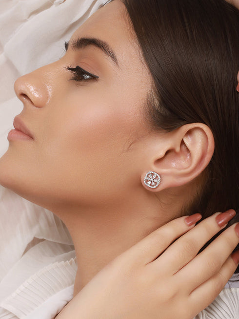 925 Sterling Silver Zircon Studded Halo Flower Dailywear Studds Earrings