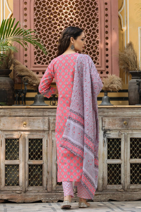 Women Pink Ethnic Printed Pure Cotton Straight Kurta with Trousers & Dupatta