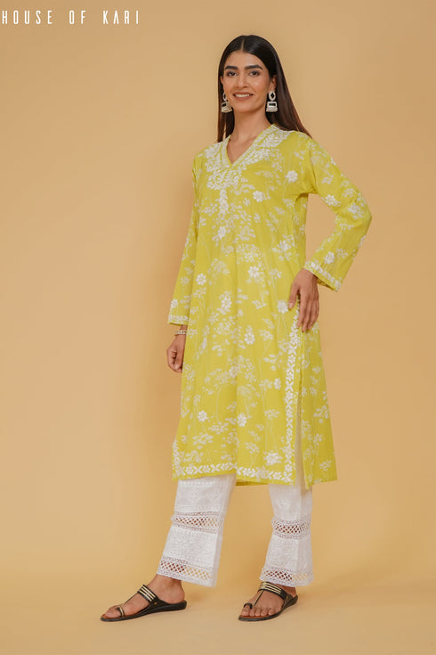 Mul Cotton Chikankari Long Kurta in Green