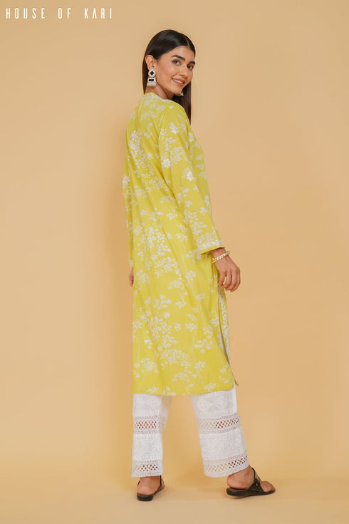 Mul Cotton Chikankari Long Kurta in Green