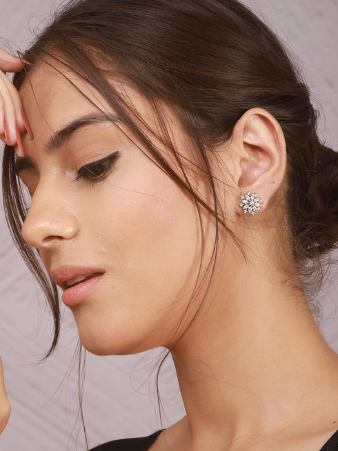 925 Sterling Silver CZ Studded Rhodium Plated Floral Clustered Studds Earrings
