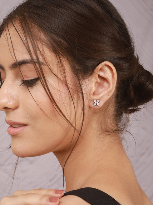925 Sterling Silver Rhodium Plated CZ Studded Minimal Flower Studds Earrings