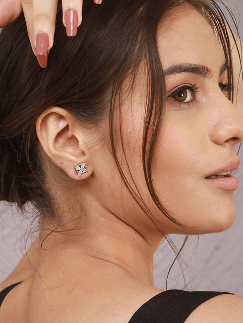 925 Sterling Silver Rhodium Plated CZ Studded Minimal Flower Studds Earrings