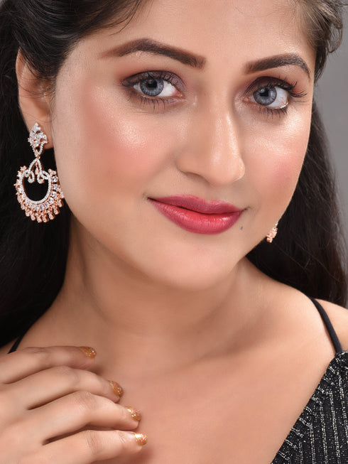 Rose Gold Plated White AD Studded Modern Chandbalis Earrings