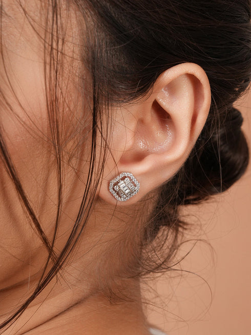 925 Sterling Silver Baguette Shaped Cubic Zirconia in Rhodium Plated Studds Earrings
