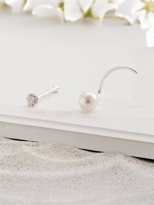 Combo of 2 Nose Pin 925 Sterling Silver AD & Pearl Studds Nose Pin