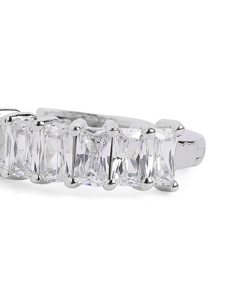 Rhodium Plated Studded Hoop Earring with Baguette CZ