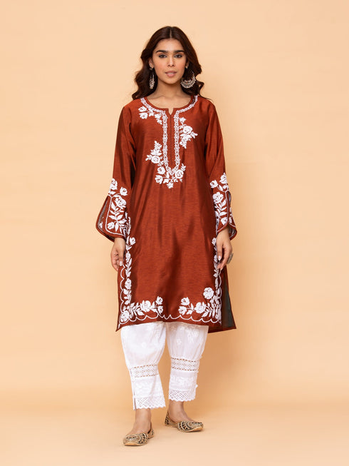 Saba Chikankari Long Kurta in Barfi Silk - Chutney