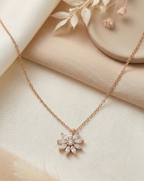 18kt Rose Gold Plated CZ Floral Pendant and Chain