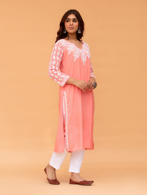 Saba Chikankari Long Kurta in Rayon cotton - Pink
