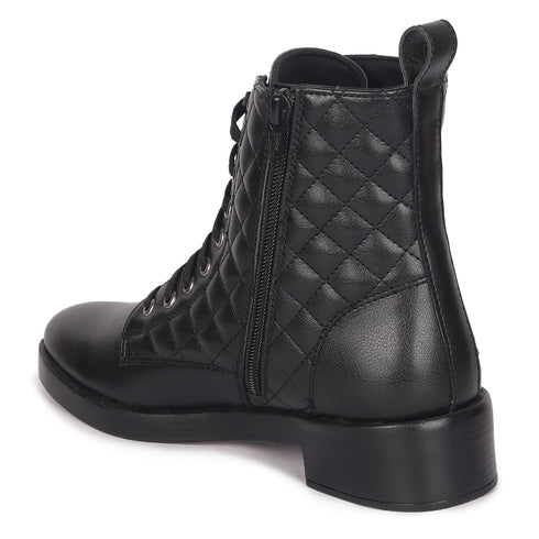 Women's Chic Quilted Ankle Combat Boot with Lace-Up Closure