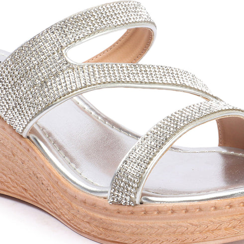 Women's Metallic Glitter Wedge Slide Sandals
