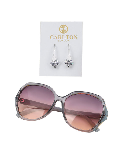 Women Grey Toned UV Protected Sunglasses & Rhodium Plated Solitaire Drop Earring Set