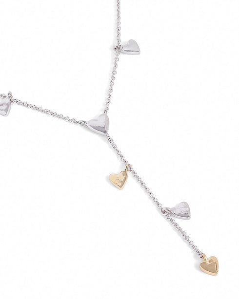 Rhodium & 18kt Gold Plated Dangling Heart Charm Y-Necklace Lariat