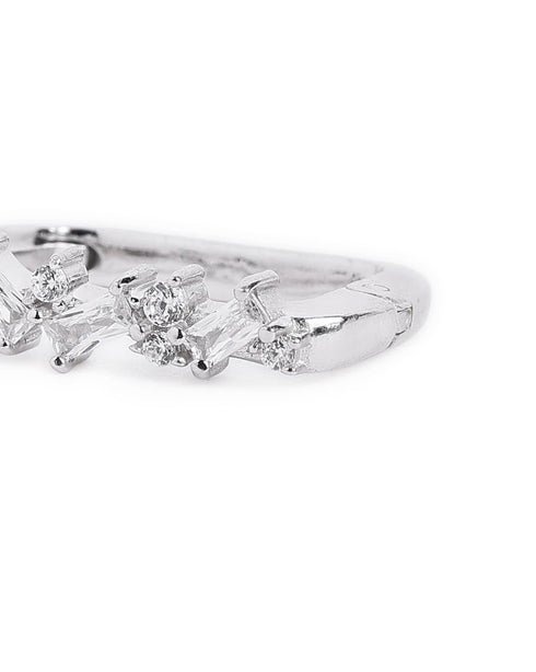 Rhodium Plated Studded Square Hoop Earring with Baguette CZ