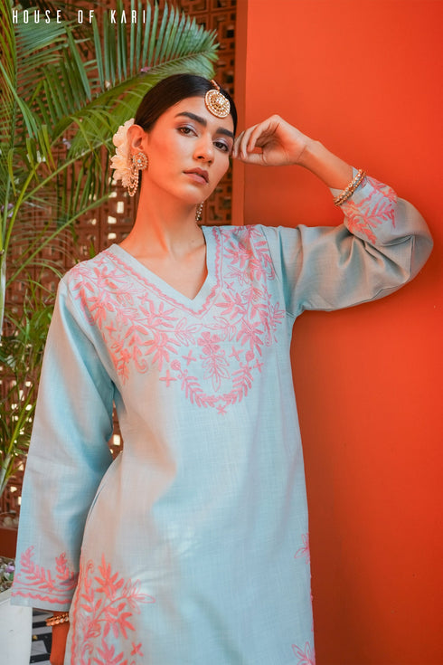 Kashmiri Aari Work Cotton Kurta Set - Sky Blue