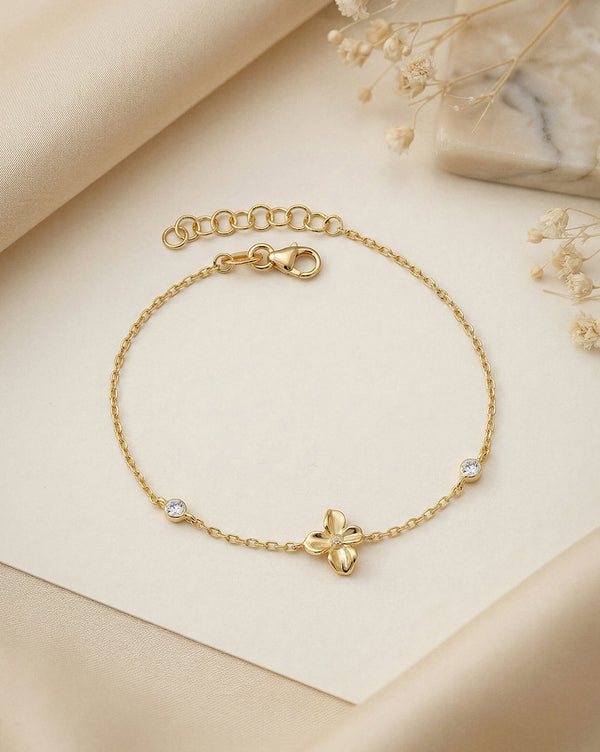 18kt Gold Plated CZ Floral Charm Adjustable Bracelet