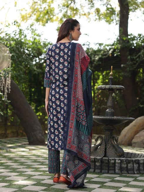 Women Navy Blue Ethnic Printed Cotton Embroidered Straight Kurta With Printed Trousers and Printed Dupatta