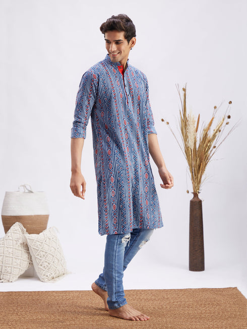 Men's Indigo Printed Cotton Kurta