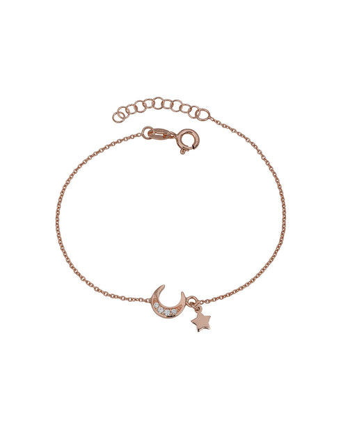 925 Sterling Silver 18kt Rose Gold Plated CZ Moon and Star Charm Bracelet