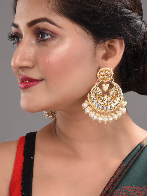 Gold Plated Kundan Studded & Pearl Beaded Traditional Chandbalis