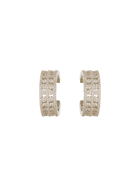White Rhodium AD Studded C Shaped Minimal Bali Studds Earrings