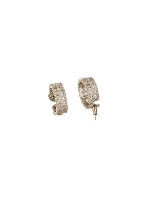 White Rhodium AD Studded C Shaped Minimal Bali Studds Earrings