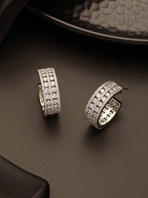 White Rhodium AD Studded C Shaped Minimal Bali Studds Earrings