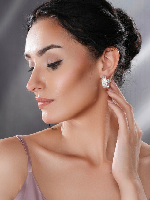 White Rhodium AD Studded C Shaped Minimal Bali Studds Earrings