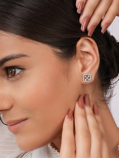 925 Sterling Silver Rhodium Plated Geometric Square Floret Studds Earrings