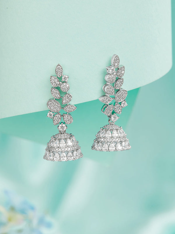 925 Sterling Silver Cubic Zirconia Leafy Jhumka Earrings