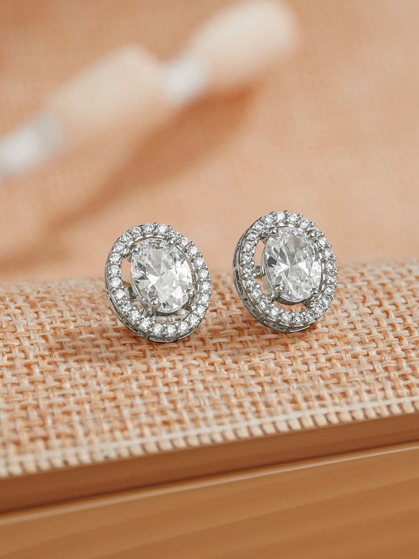 925 Sterling Silver AD Studded Rhodium Plated Oval Studds Earrings