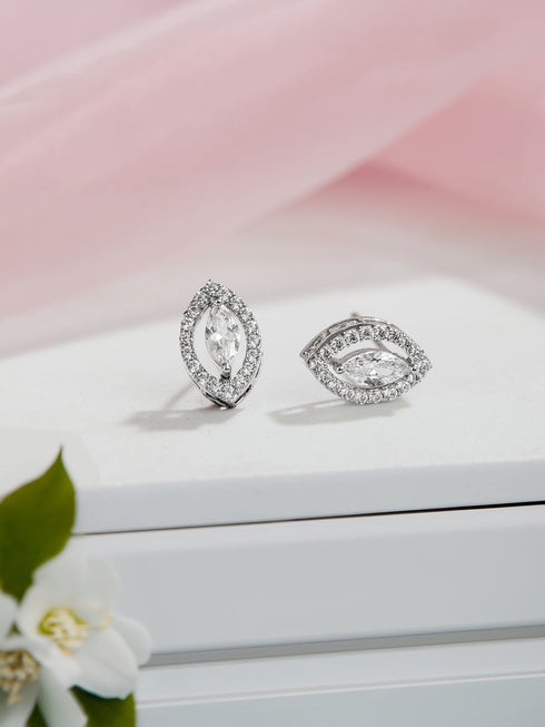 925 Sterling Silver Cubic Zirconia Oval Marquis Studds Earrings