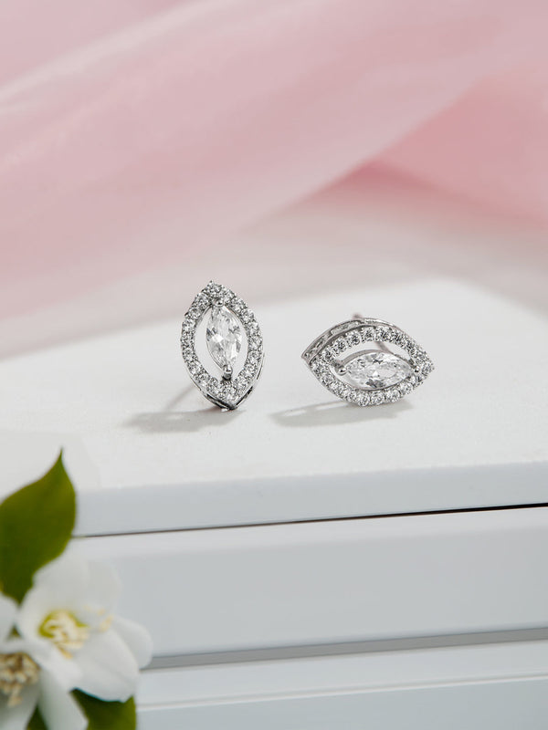 925 Sterling Silver Cubic Zirconia Oval Marquis Studds Earrings