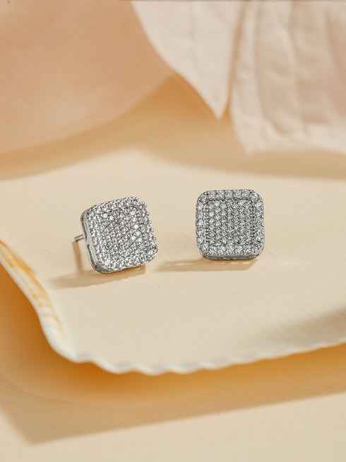 925 Sterling Silver Cubic Zirconia Square Studds Earrings