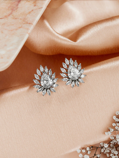 925 Sterling Silver Rhodium Plated Drop Shaped Solitaire Earrings