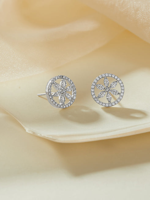 925 Sterling Silver Rhodium Plated Cubic Zirconia Floral Studds Earrings