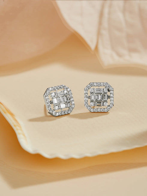 925 Sterling Silver Baguette Shaped Cubic Zirconia in Rhodium Plated Studds Earrings