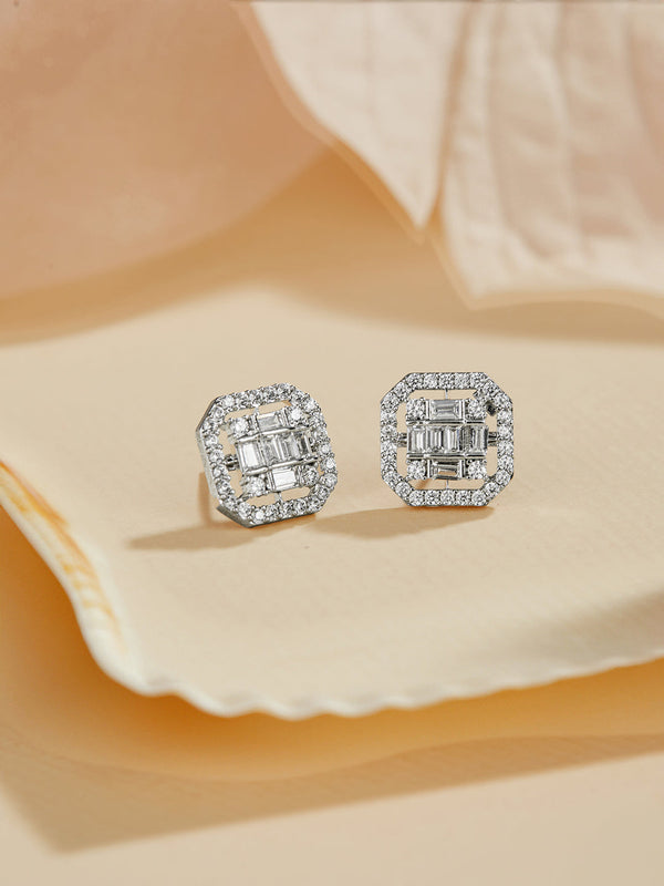925 Sterling Silver Baguette Shaped Cubic Zirconia in Rhodium Plated Studds Earrings