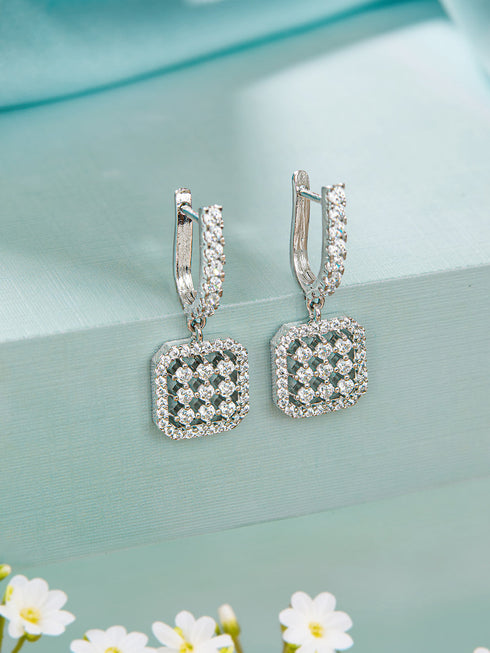 925 Sterling Silver Rhodium Plated Bar Pattern Drop Bali Hoop Earrings