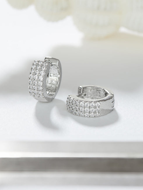 925 Sterling Silver Rhodium Plated CZ Studded Small Hoop Earrings