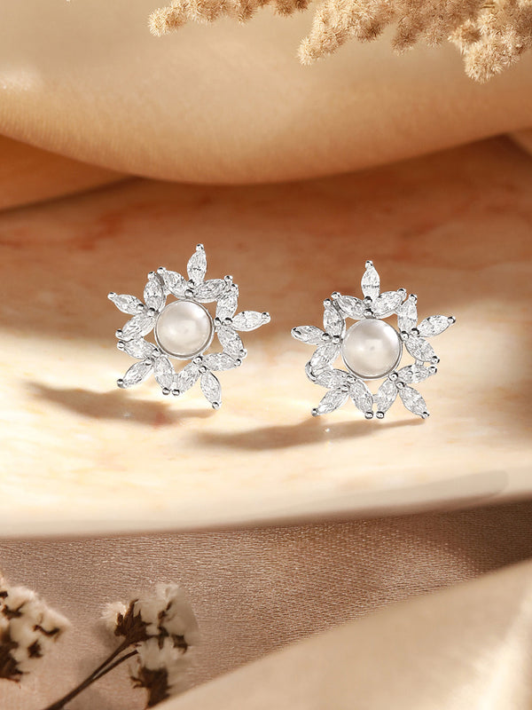 925 Sterling Silver Zircon & Pearl Embellished Minimal Floral Studds Earrings
