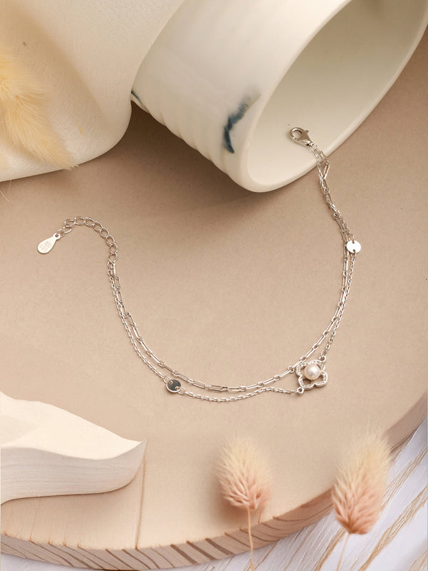 925 Sterling Silver Zircon & Pearl Embellished Floral Layered Wraparound AdjustableBracelet