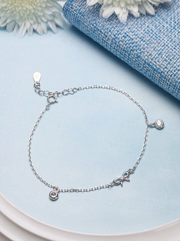 925 Sterling Silver Plated Bow Charms Link Adjustable Bracelet